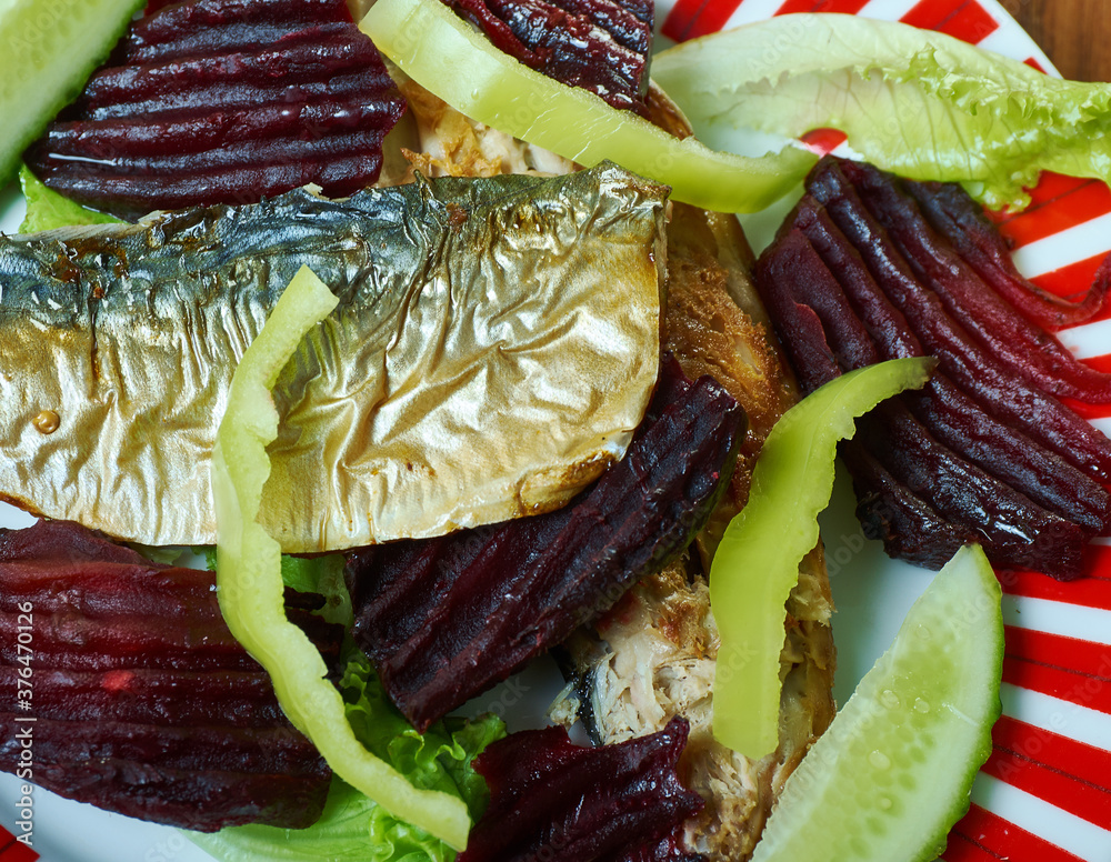 Wall mural fried mackerel fillets with beetroot