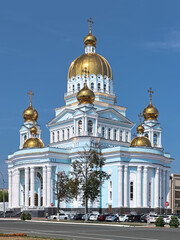 Fototapeta na wymiar Cathedral of St. Theodore Ushakov in Saransk, Russia. It is named for Russian saint and admiral Fyodor Ushakov. Text above the entrance reads: Cathedral of the Holy Righteous Warrior Theodore Ushakov.