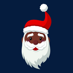 Cartoon Black Santa Claus character in vector. face isolated, hat, and beard. Hipster Santa. Secret santa. Happy New Year and Christmas collection