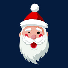 Happy Santa Claus wink. Merry Christmas and Happy New Year 2021! Christmas cute flat character.  Holiday greeting card. Isolated vector illustration.