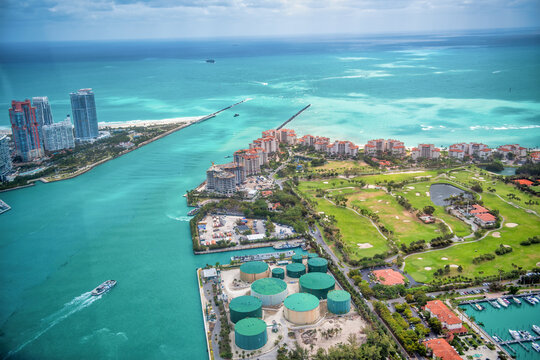 Fisher Island and South Pointe Park, aerial view. Miami, Florida