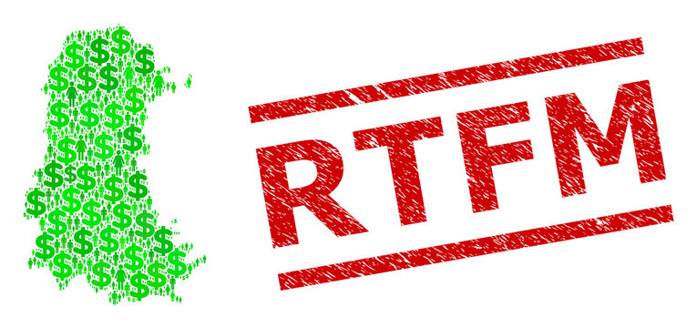 Green dollar and clients mosaic map of Palencia Province and grunge seal. Stamp seal includes RTFM tag between parallel lines. Mosaic map of Palencia Province designed from green dollars,