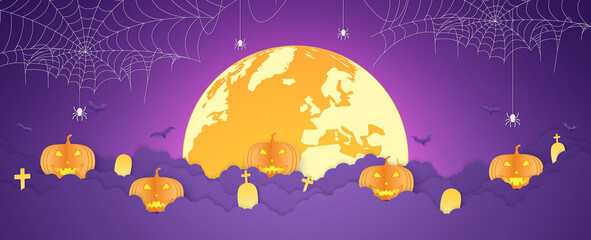 Halloween orange pumpkin head and graveyard on cloud with full moon, spider web with spider hanging, paper art style
