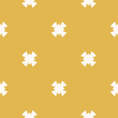 Simple minimal vector seamless pattern. Abstract geometric floral background with crosses, small flower silhouettes. Yellow mustard color. Vintage ornament texture. Repeat design for decor, textile