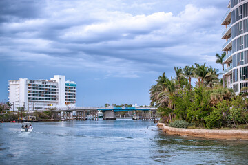 Fototapeta na wymiar Boca Raton buildings along the river from South Inlet Park, Florida