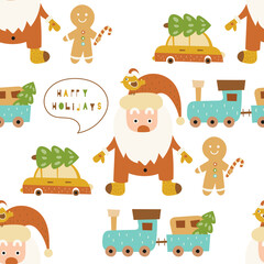 Seamless pattern for Christmas design in Scandinavian style. Santa Claus, car, gingerbread man, train on white background. Vector illustration for gift packaging. Pattern is cut, no clipping mask.