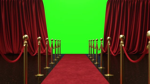 3D animation with alpha chanel, open and close luxure red silk, curtain decoration design. Red Stage Curtain for theater or opera scene backdrop. Mockup for your design project, Red velvet carpet
