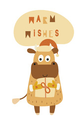 Cute Ox. Greeting card for Happy Chinese new year 2021 with funny bull and present. Vector illustration. Lettering Warm wishes.