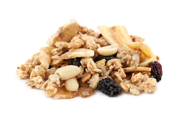 Heap of tasty crispy granola on white background