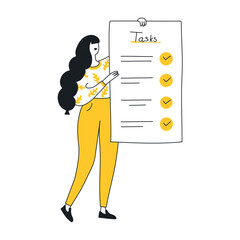 Cute cartoon woman holding a long to-do list or shopping list with checkmarks. Woman planning month, to-do list, and current tasks. Flat line isolated vector illustration