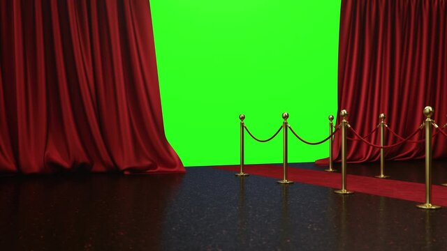 3D animation with alpha chanel, open and close luxure red silk, curtain decoration design. Red Stage Curtain for theater or opera scene backdrop. Mockup for your design project, Red velvet carpet