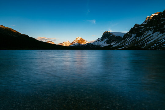 Calm sunset at Bow Lake, Banff National Park, UNESCO World Heritage Site, Alberta, Canadian Rockies, Canada