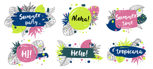 Tropical plant nature set text speech.Line art hand drawn set. Palm tree jungle floral. © ArinaKram