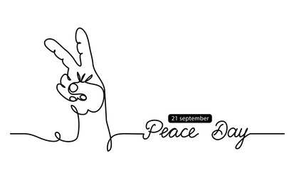 Fingers in peace sign simple vector background, web banner, poster. International Peace Day illustration for 21th september. One continuous line drawing background with lettering Peace Day.