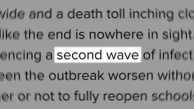 'Second Wave' text highlighted among random words, similar to newspaper articles across the globe. Coronavirus 
(COVID-19) new wave concept.