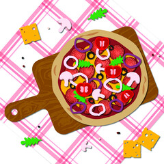 Paper illustration of pizza with tomatoes pepperoni mushrooms arugula olives and onions