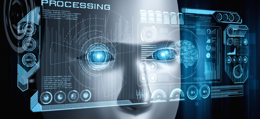 Robot humanoid face close up with graphic concept of big data analytic by AI thinking brain, artificial intelligence and machine learning process for the 4th fourth industrial revolution. 3D rendering