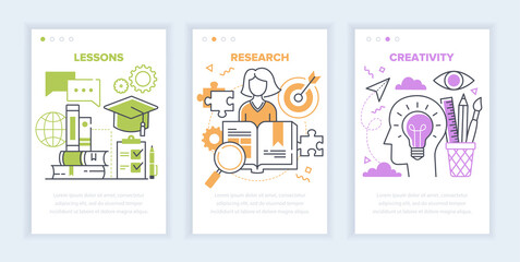 Web Education or e-learning concept showing three templates with Classes, Research and Creativity on a mobile device, colored vector illustration with copy space for text