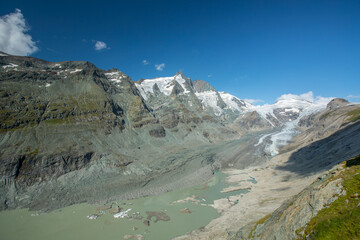 Glacier of Pasterze as of summer 2018 on the Grossglockner range in Austria. Visible decay or dissolution of glacier due to global warming or heating of environment.