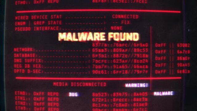 Malware found text on screen, computer hacking, data theft, scam, phishing. System warning, hacking attempt