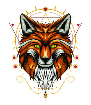 vector fox animal face illustration. fox head with ornament background. design perfect for T-shirt , appaerl and accessories.
