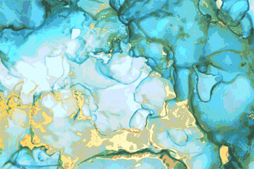 Marble blue, green, and gold stone texture. Alcohol ink technique abstract vector background. Modern luxury paint in natural colors with glitter. Template for banner, poster. Fluid art painting