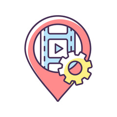 Filming location RGB color icon. Position for movie production set. Location marker for cinematography. Navigating place to shot film. Search for pointer on map. Isolated vector illustration
