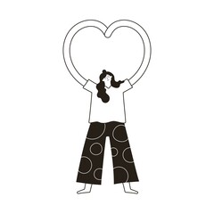 Black white vector illustration with woman showing heart shape by hands. Inspirational motivational female print design, peaceful lifestyle and self love and care concept art, greeting card template