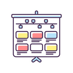 Storyboard RGB color icon. Animation professional production step. Visual development. Flow of frames on whiteboard. Brainstorming process. Management and research. Isolated vector illustration