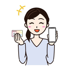 Woman smile with smartphone, personal card