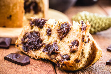 slice of panettone, with homemade chocolate chips. Typical Christmas cake, also called chocotone