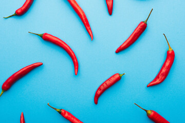 top view of spicy red chili peppers on blue background