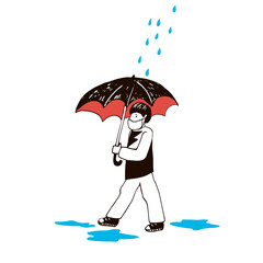 man with umbrella in medical masks hand drawn cartoon vector illustration