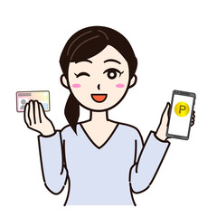 Woman smile with smartphone, personal card