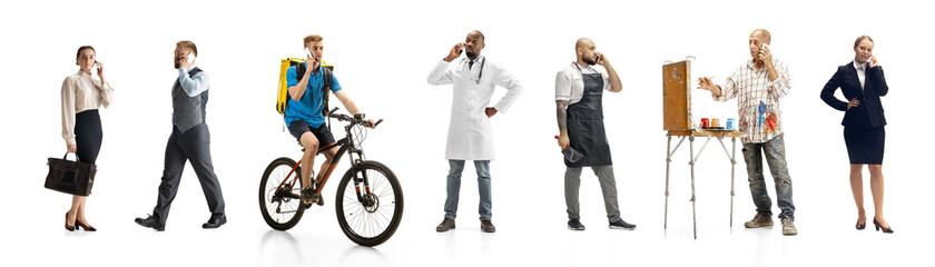 Group of people with different professions on white studio background, horizontal. Modern workers of diverse occupations, male and female models like accountant, butcher, deliveryman, teacher, doctor.