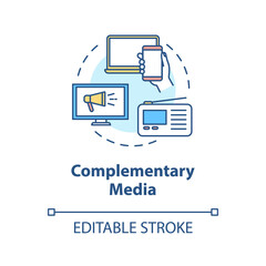 Complementary media concept icon. Cross-platform advertising idea thin line illustration. Different telecommunication facilities. Vector isolated outline RGB color drawing. Editable stroke