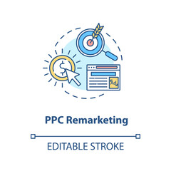 Naklejka premium PPC Remarketing concept icon. Banner advertising. Search ads campaign idea thin line illustration. Vector isolated outline RGB color drawing. Digital marketing conversation tactic. Editable stroke