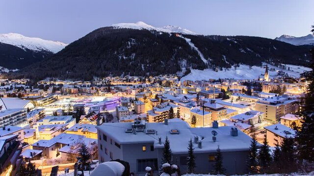 Davos city night timelapse in winter.