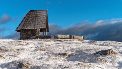 Chapel in the mountains in winter