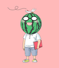 頭にトンボが止まった本を持つスイカマン