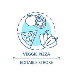 Veggie pizza concept icon. Fresh organic pizzeria ingredients. Vegan food types. Healthy meal idea thin line illustration. Vector isolated outline RGB color drawing. Editable stroke