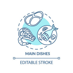 Main dishes concept icon. Awesome meal types. Different fresh meat. Incredible restaurant menu idea thin line illustration. Vector isolated outline RGB color drawing. Editable stroke