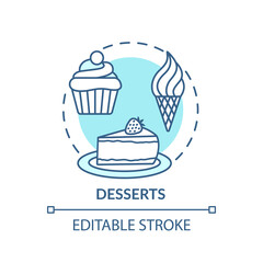 Desserts concept icon. Sweet meals. Delicious sugary foods. Restaurant sweets menu idea thin line illustration. Vector isolated outline RGB color drawing. Editable stroke