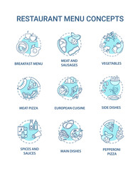 Fototapeta na wymiar Restaurant menu concept icons set. Large variety of different food to choose. Full course meals. Ingredients idea thin line RGB color illustrations. Vector isolated outline drawings. Editable stroke