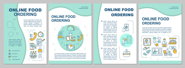 Online food ordering brochure template. Delivery service at home. Flyer, booklet, leaflet print, cover design with linear icons. Vector layouts for magazines, annual reports, advertising posters