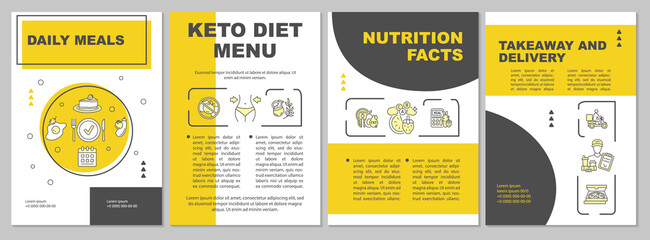 Nutrition facts brochure template. Daily meals, keto diet menu. Flyer, booklet, leaflet print, cover design with linear icons. Vector layouts for magazines, annual reports, advertising posters