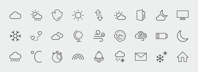 Set of Weather vector line icons. Contains symbols of the sun, clouds, snowflakes, wind, rainbow, moon and much more. Editable Stroke. 32x32 pixels.