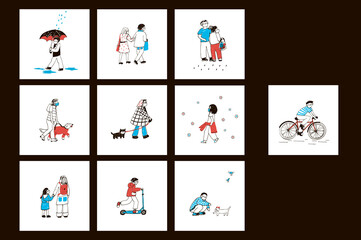 Naklejka premium People in medical masks hand drawn cartoon vector illustrations set