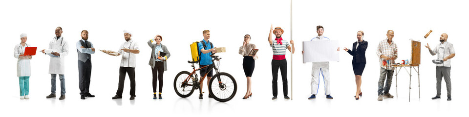 Group of people with different professions on white studio background, horizontal. Modern workers...
