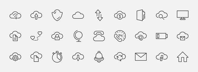 Set of Cloud Vector Line Icon. It contains Symbols to Upload, Download, Link and more. Editable Stroke. 32x32 pixels